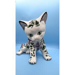 Vintage Floral Japanese Porcelain Sitting Cat 9x8 Purple Flowers Green Leaves